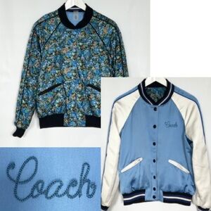 Coach Reversible Varsity Bomber Jacket Blue Satin Cream Floral Women’s Small New